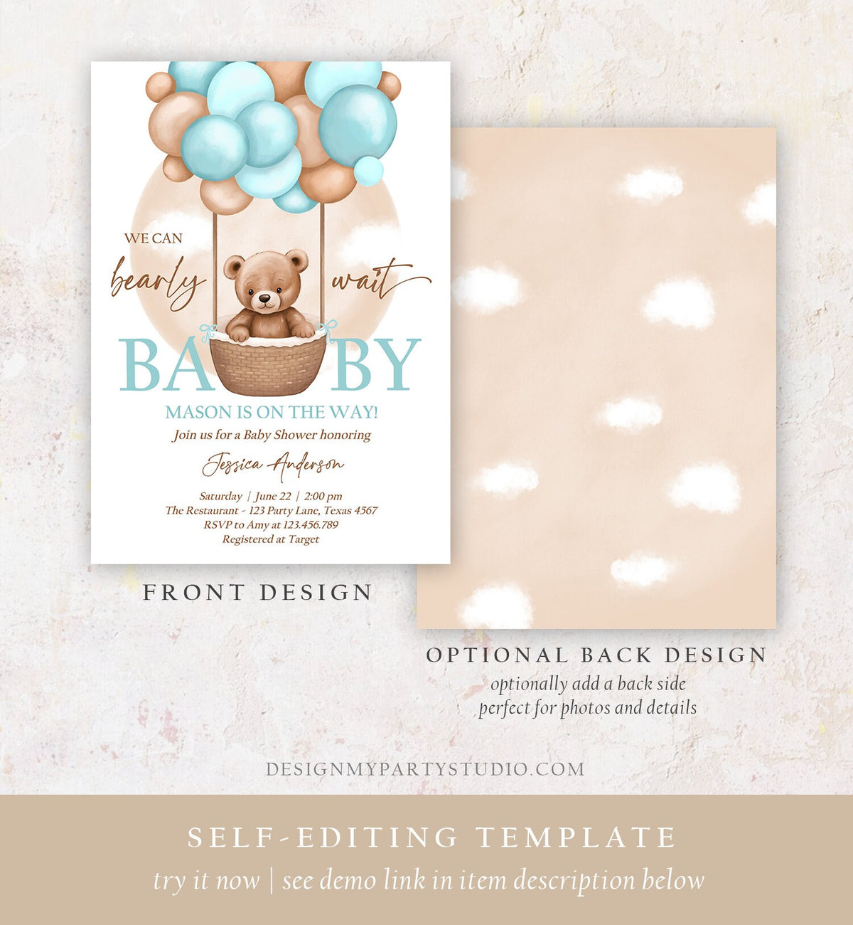Editable Bear Balloon Baby Shower Invitation We Can Bearly Wait Baby Shower Invite Teddy Bear Brown Boho Boy Blue Download Printable 0498