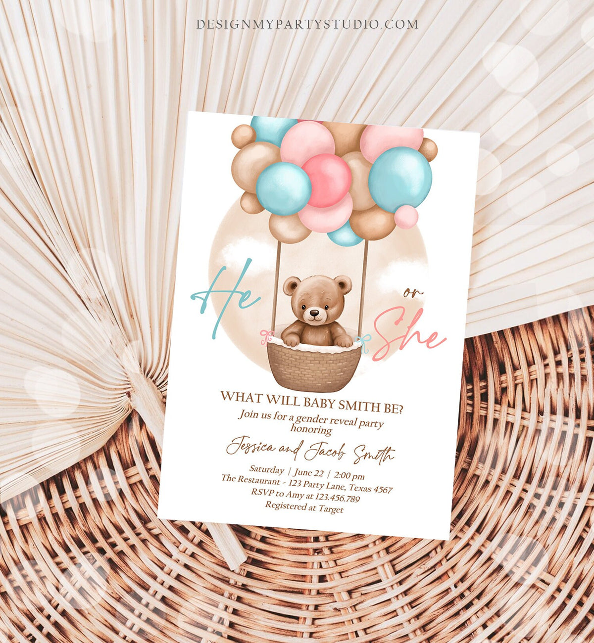 Editable He or She Bear Hot Air Balloon Gender Reveal Invitation Blue or Pink Bearly Wait Gender Neutral Boho Bear Download Printable 0498