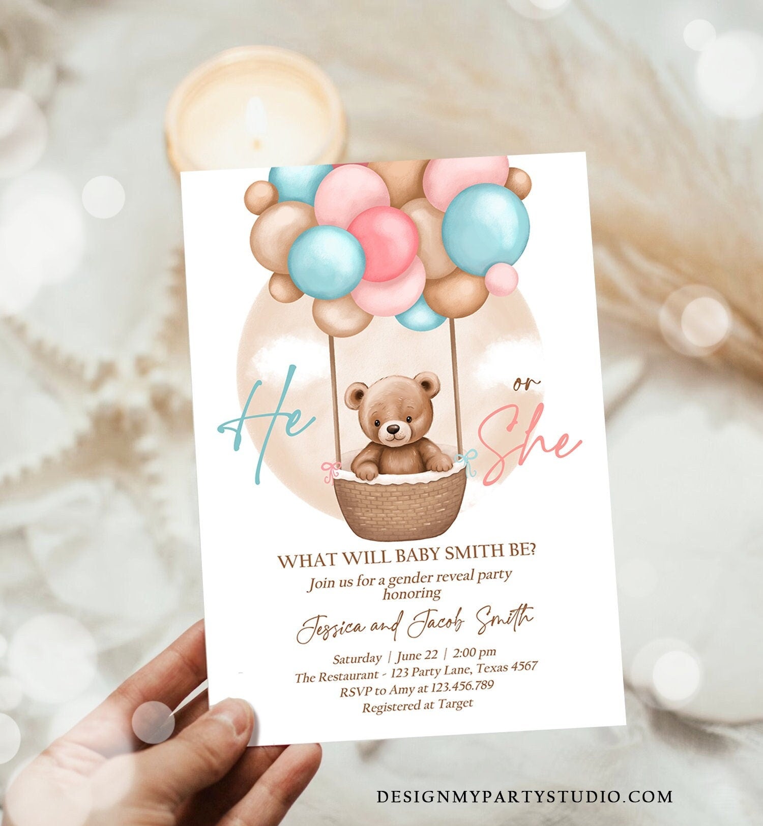 Editable He or She Bear Hot Air Balloon Gender Reveal Invitation Blue or Pink Bearly Wait Gender Neutral Boho Bear Download Printable 0498