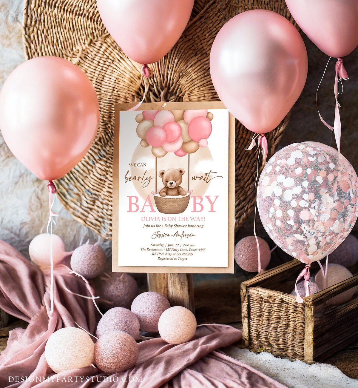 Editable Bear Balloon Baby Shower Invitation We Can Bearly Wait Baby Shower Invite Teddy Bear Boho Girl Pink Digital Download Evite 0498