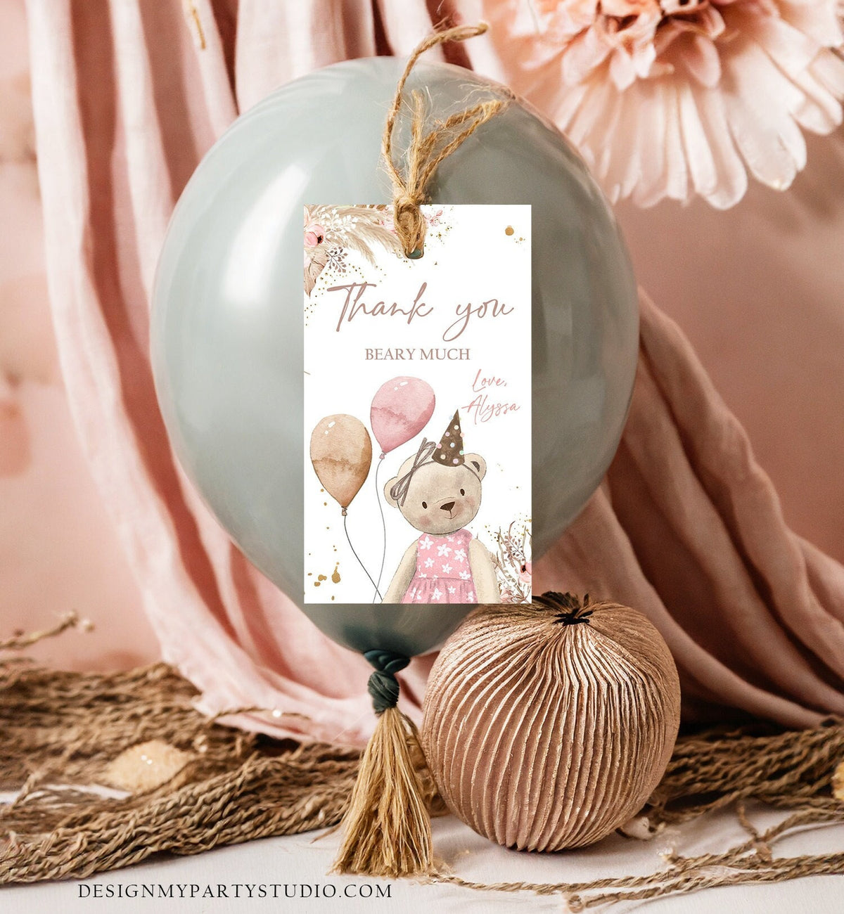 Editable Boho Teddy Bear Favor Tags Thank You Beary Much Tag Teddy Bear Birthday Tag Picnic Pink Girl Pampas Digital Template Pintable 0421