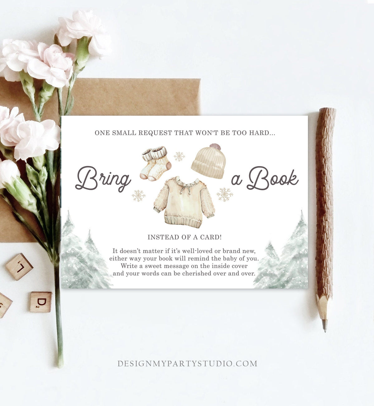 Editable Bring a Book Card Baby It&#39;s Cold Outside Baby Shower Winter Snow Gender Neutral Watercolor Request Corjl Template Printable 0491