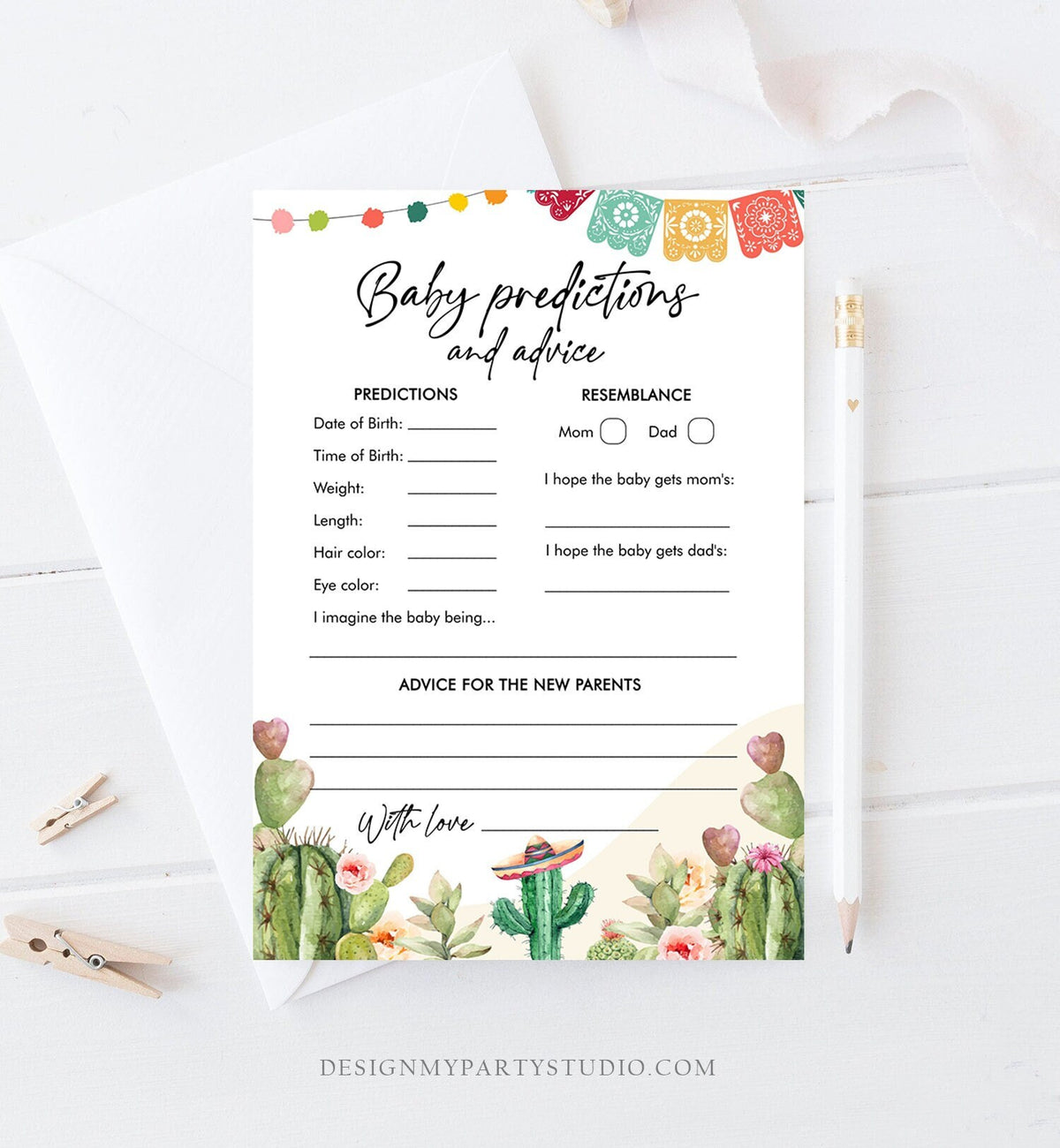 Editable Baby Predictions Fiesta Baby Shower Game Advice for Parents Game Shower Activity Cactus Mexican Corjl Template Printable 0404