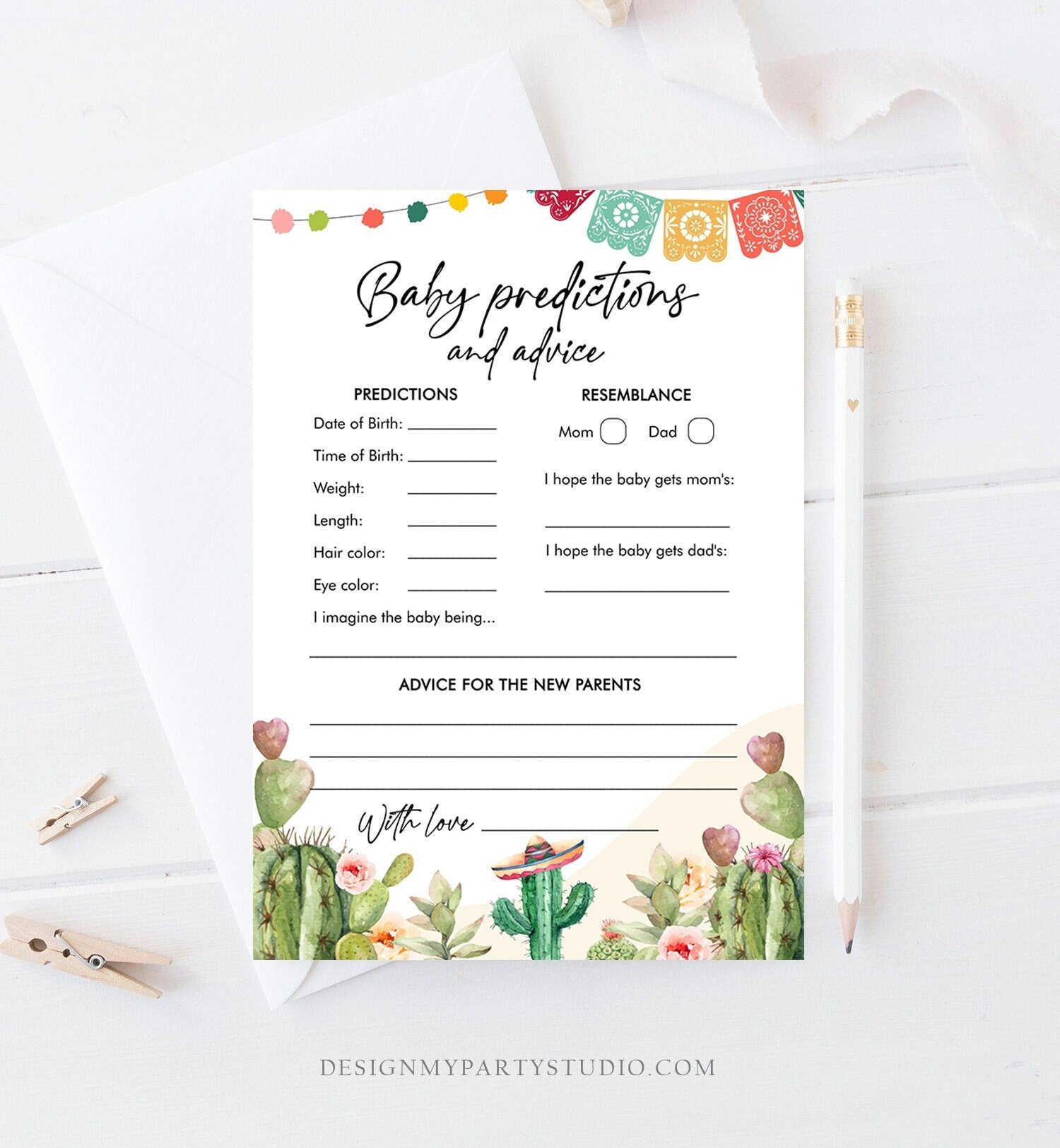 Editable Baby Predictions Fiesta Baby Shower Game Advice for Parents Game Shower Activity Cactus Mexican Corjl Template Printable 0404