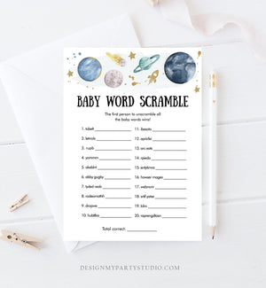 Editable Word Scramble Baby Shower Game Word Search Outer Space Planets Houston We Have a Boy Rocket Activity Corjl Template Printable 0357