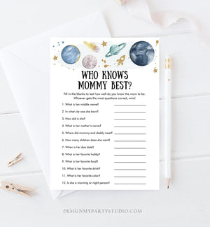 Editable Who Knows Mommy Best Baby Shower Game Outer Space Planets Houston We Have a Boy Rocket Gold Activity Corjl Template Printable 0357
