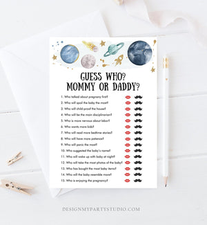 Editable Mommy or Daddy Baby Shower Game Guess Who Outer Space Planets Houston We Have a Boy Rocket Activity Corjl Template Printable 0357