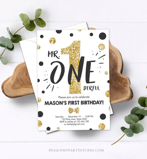 Editable Mr Onederful Birthday Invitation Black and Gold Boy Birthday Bow Tie 1st Birthday Download Printable Template Digital Corjl 0072