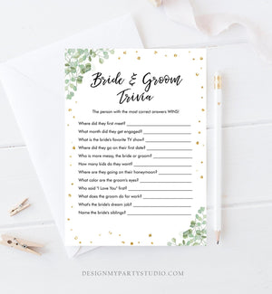 Editable Bride and Groom Trivia Bridal Shower Game Eucalyptus Gold Confetti What Did He or She Said Download Corjl Printable 0030