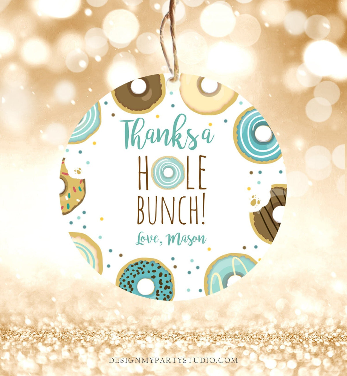 Editable Donut Favor Tags Donut Birthday Thank You A hole Bunch Tag Donut Stickers Boy Blue Donut Dough Tags Round Template Corjl 0050