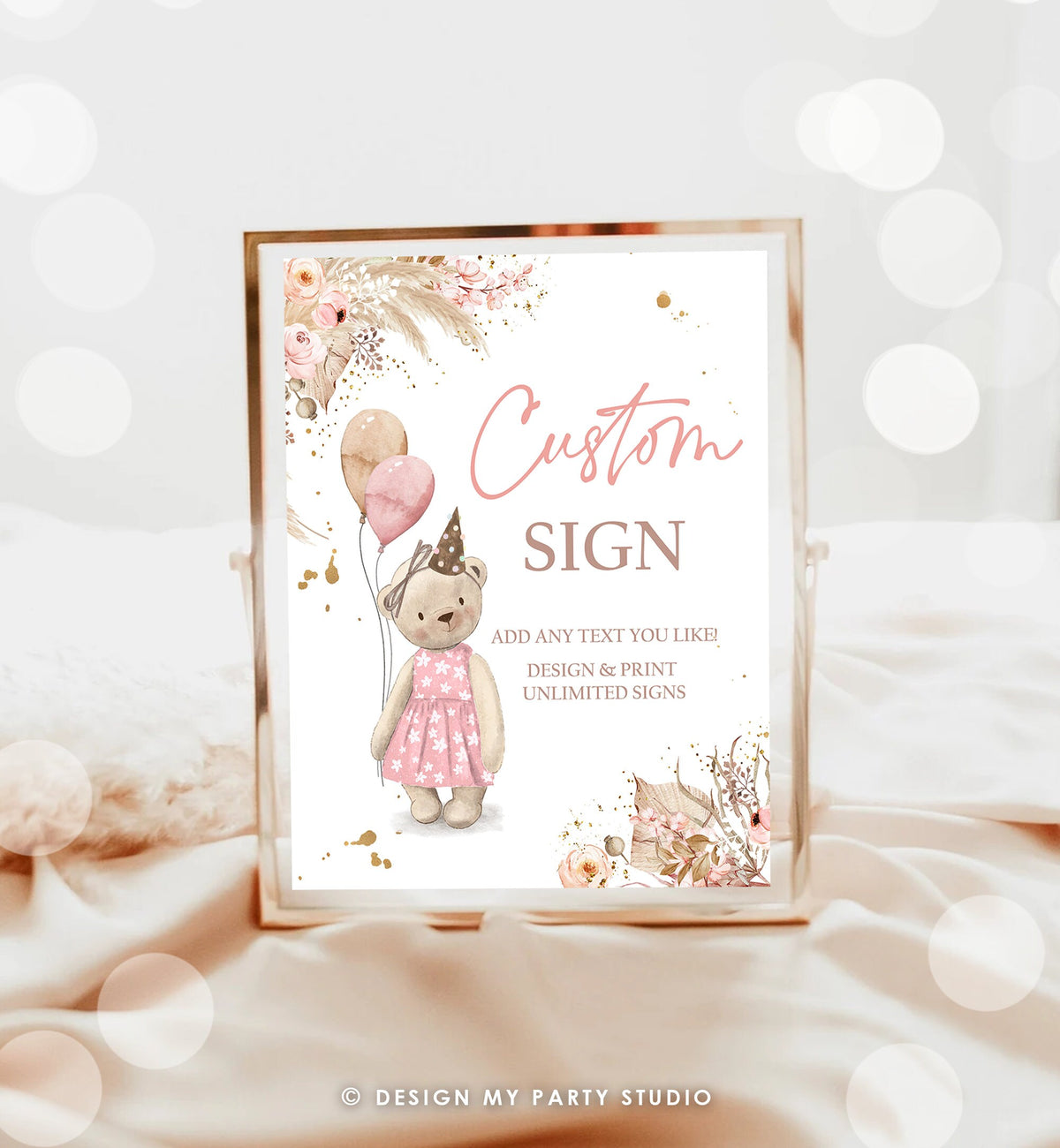 Editable Custom Sign Teddy Bear Birthday Bear Baby Shower Girl Bearly Wait Boho Modern Balloon Picnic Sign Corjl Template Printable 0421