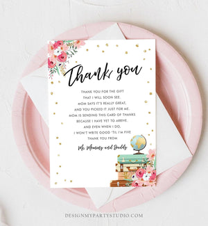 Editable Travel Thank You Card Adventure Traveling Note Bridal Baby Shower Pink Gold Floral Globe Digital Corjl Template Printable 0030