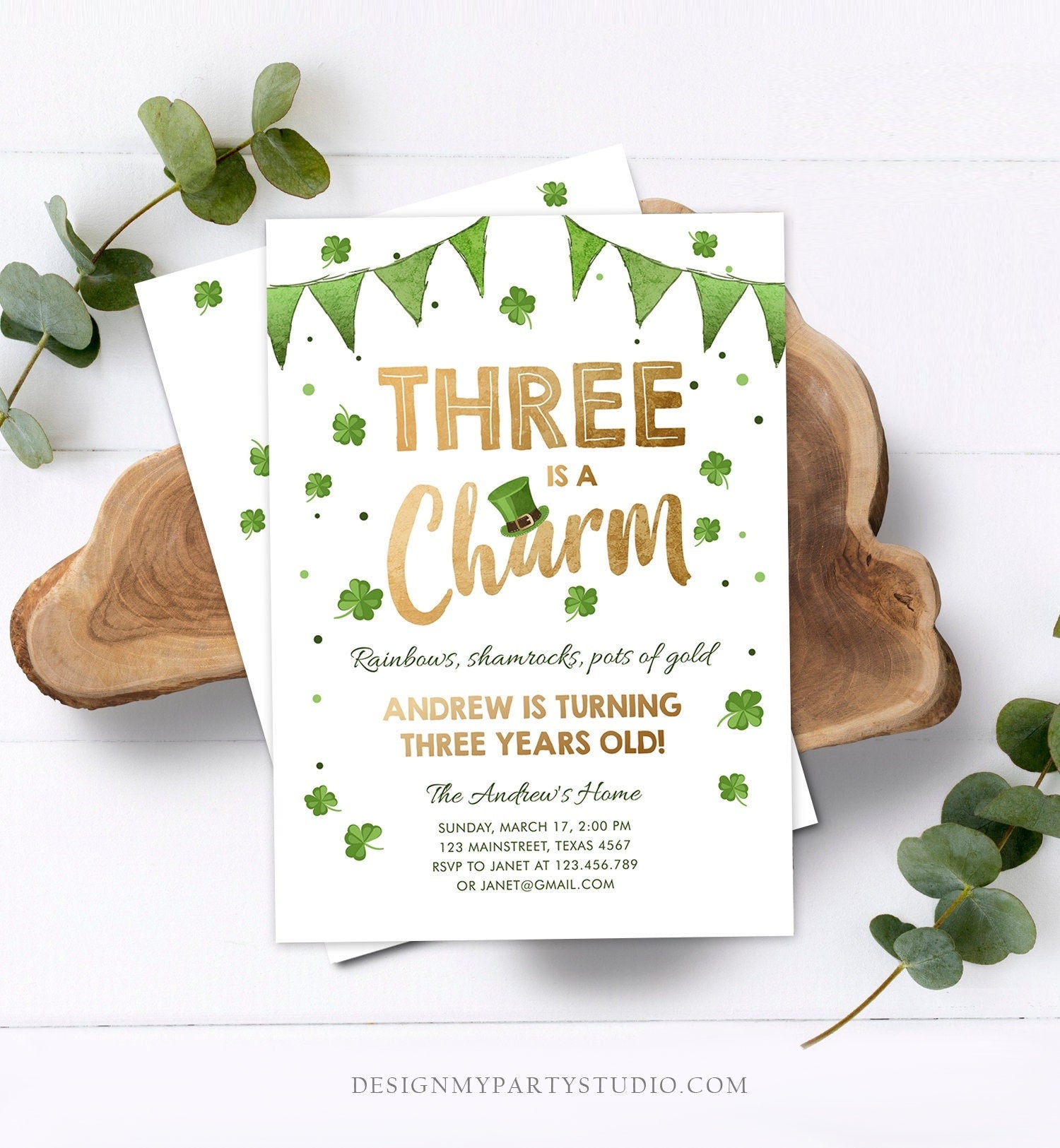 Editable St. Patrick's Day Birthday Invitation Three is a Charm Shamrock Clover St Patricks Day Third Birthday 3rd Boy Corjl Printable 0115