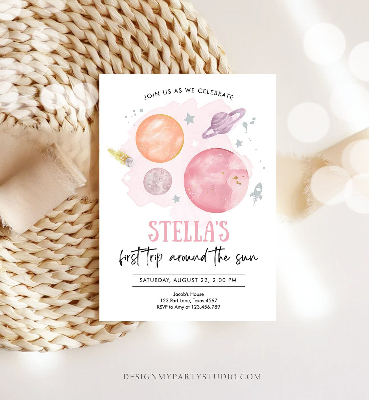 Editable Outer Space Girl First Birthday Invitation Galaxy First Trip Around the Sun Pink Silver Digital Download Template Printable 0357