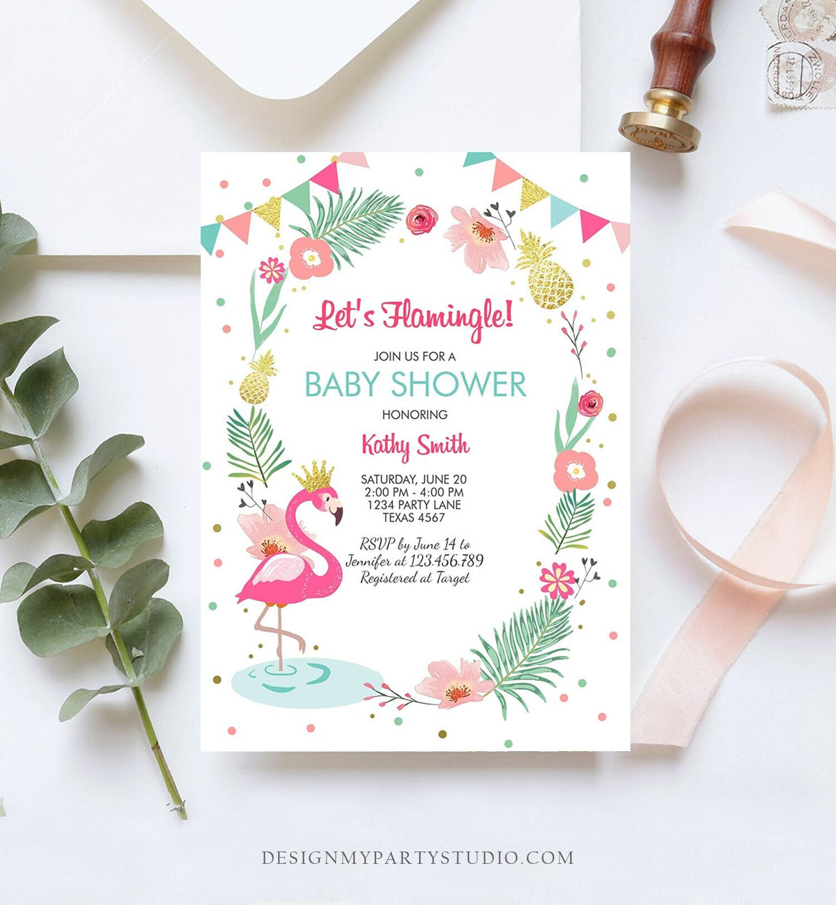 Editable Flamingo Baby Shower Invitation Tropical Shower Lets Flamingle Girl Pink Gold Summer Download Printable Invite Template Corjl 0132