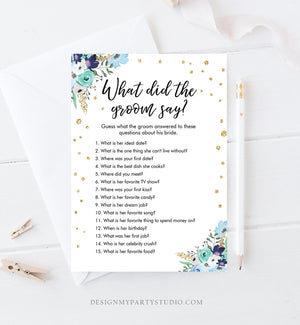 Editable What Did The Groom Say About His Bride Game Bridal Shower Game Blue Floral Gold Confetti Download Corjl Template Printable 0030