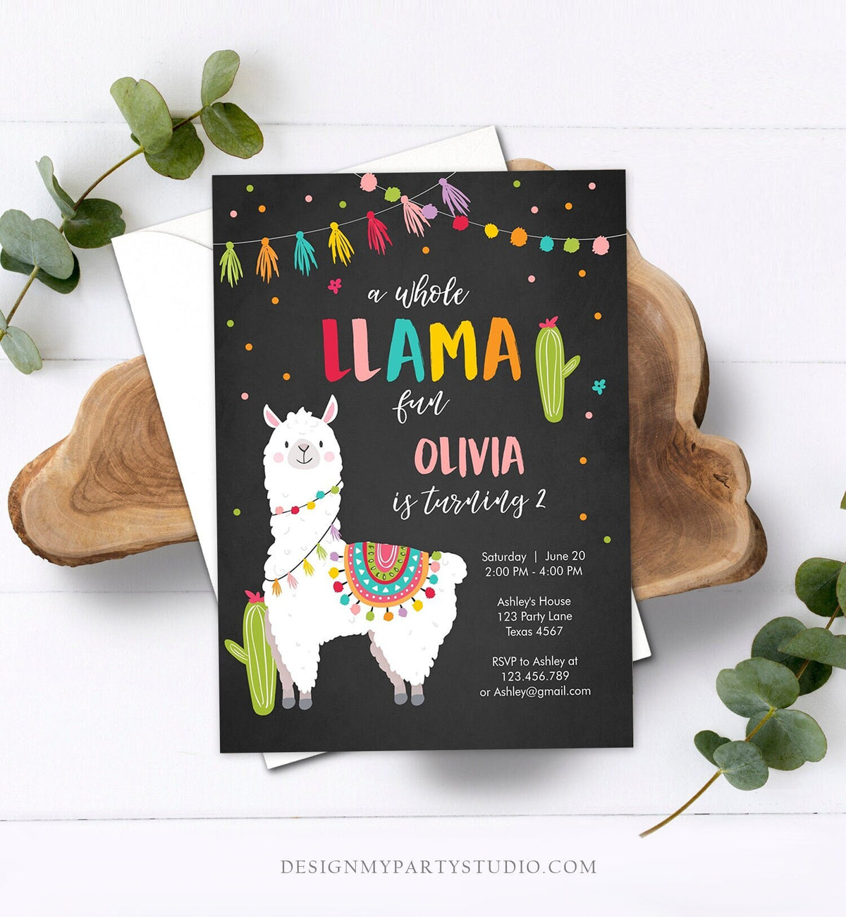 Editable Whole Llama Fun Birthday Invitation Fiesta Mexican Cactus Alpaca Girl Pink Chalk Instant Download Printable Corjl Template 0079