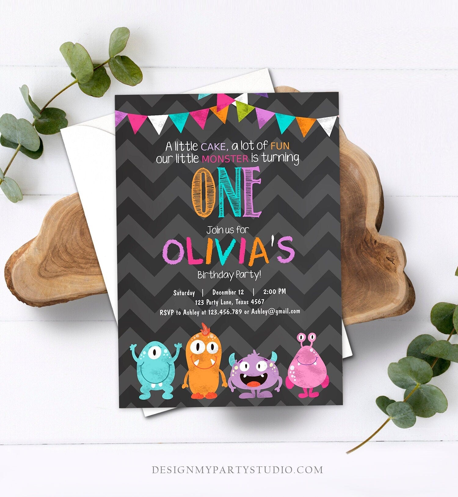 Editable Little Monster Birthday Invitation First Birthday Party Monsters Confetti 1st Girl Pink Purple Teal Printable Corjl Template 0058