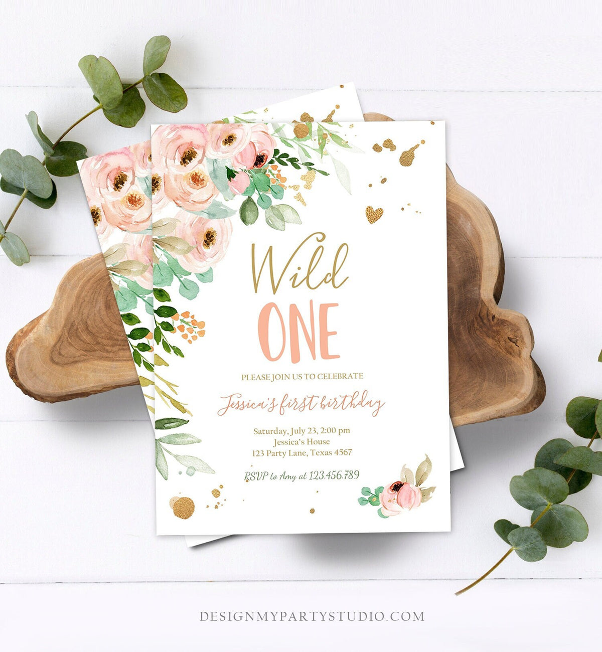 Editable Wild One Birthday Invitation 1st Birthday Girl Pink Gold Floral Miss Onederful Digital Download Evite Template Printable 0147