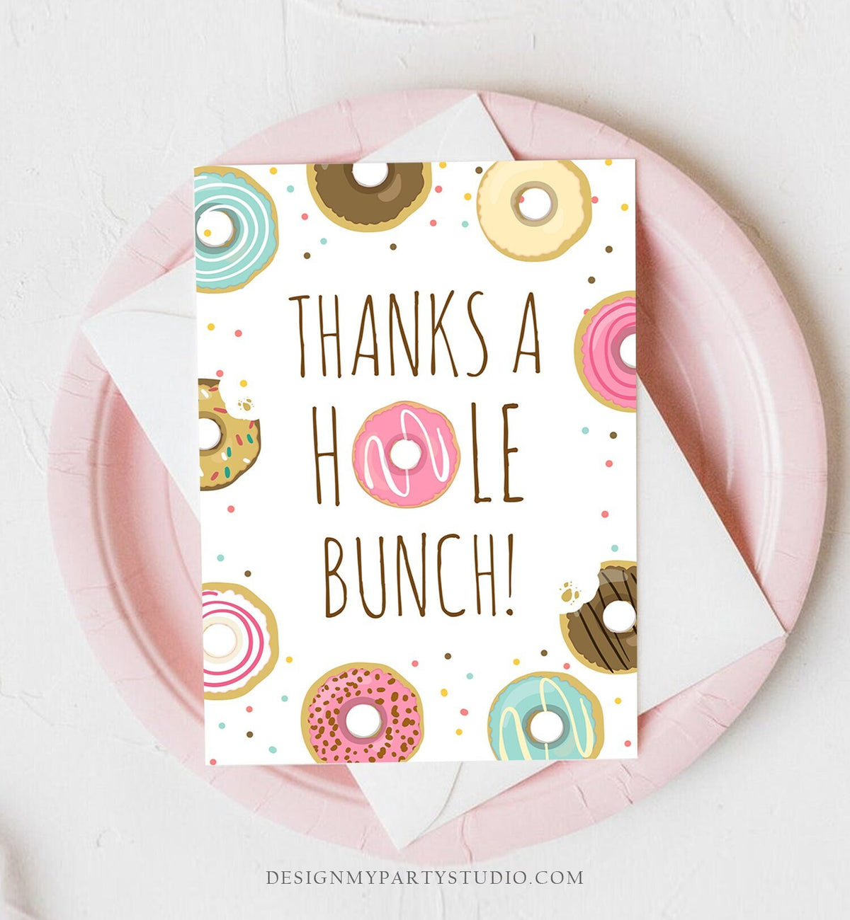 Editable Donut Thank You Card Note Pink Girl Birthday Party Doughnut Thank You Photo Sweet First Birthday 1st Corjl Template Printable 0050
