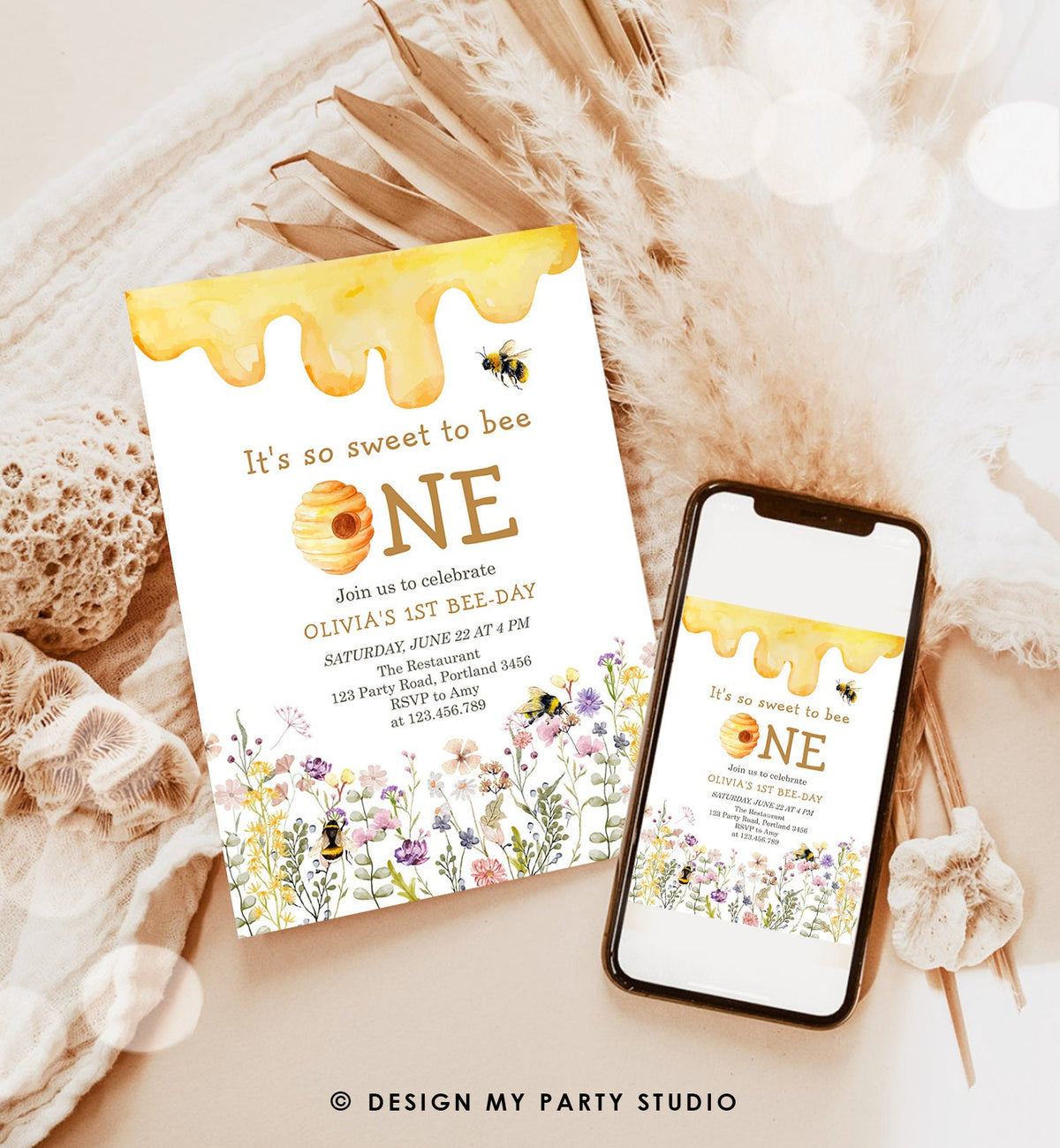 Editable Sweet to Bee One Invitation First Bee-Day Party 1st Bee Day Honey Girl First Birthday Bumble Bee Digital Template Printable 0502