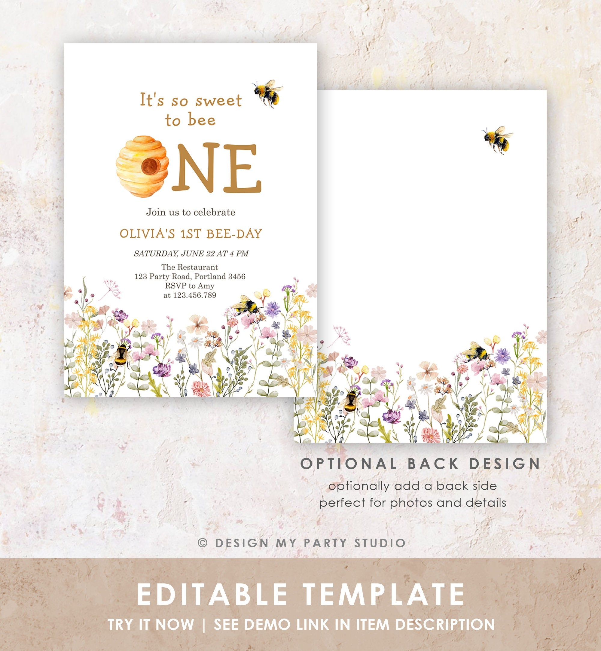 Editable Sweet to Bee One Invitation First Bee-Day Party 1st Bee Day Honey Girl First Birthday Bumble Bee Digital Template Printable 0502