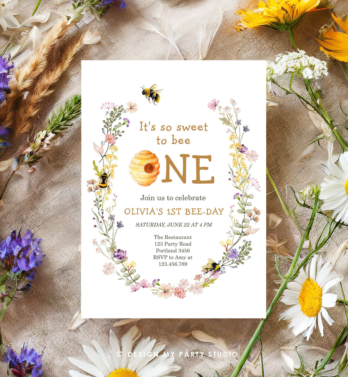 Editable Sweet to Bee One Invitation First Bee-Day Party 1st Bee Day Honey Girl First Birthday Bumble Bee Invitation Digital Printable 0502