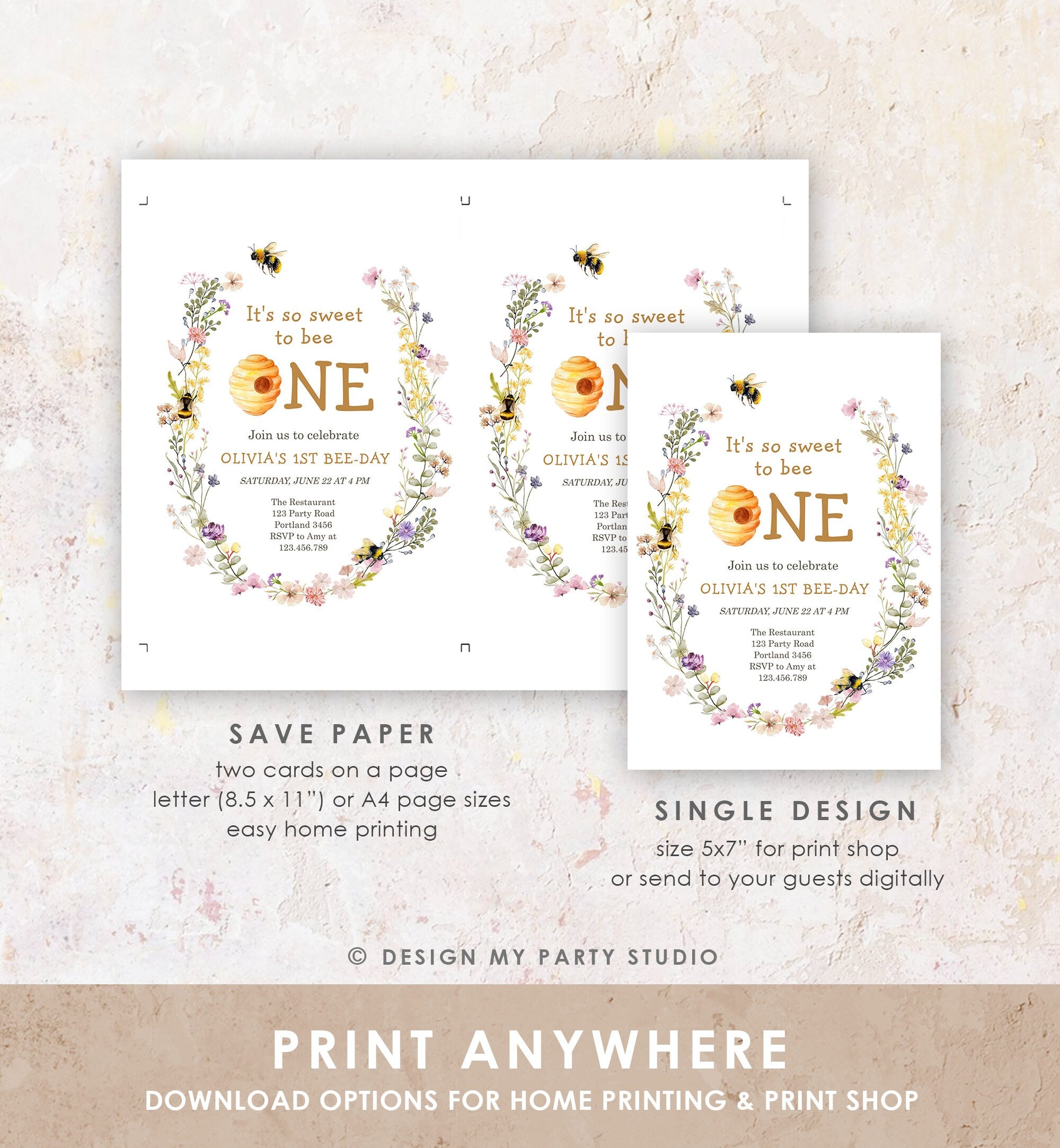 Editable Sweet to Bee One Invitation First Bee-Day Party 1st Bee Day Honey Girl First Birthday Bumble Bee Invitation Digital Printable 0502