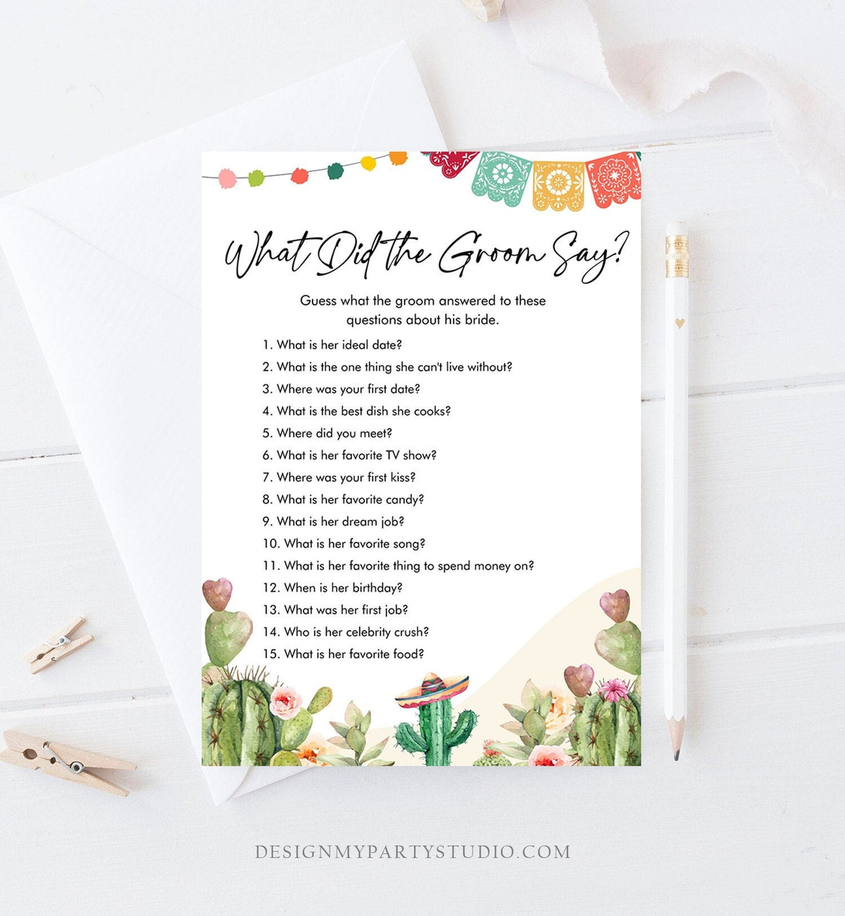 Editable What Did The Groom Say About His Bride Bridal Shower Game Cactus Fiesta Mexican Coed Shower Wedding Activity Digital Template 0404
