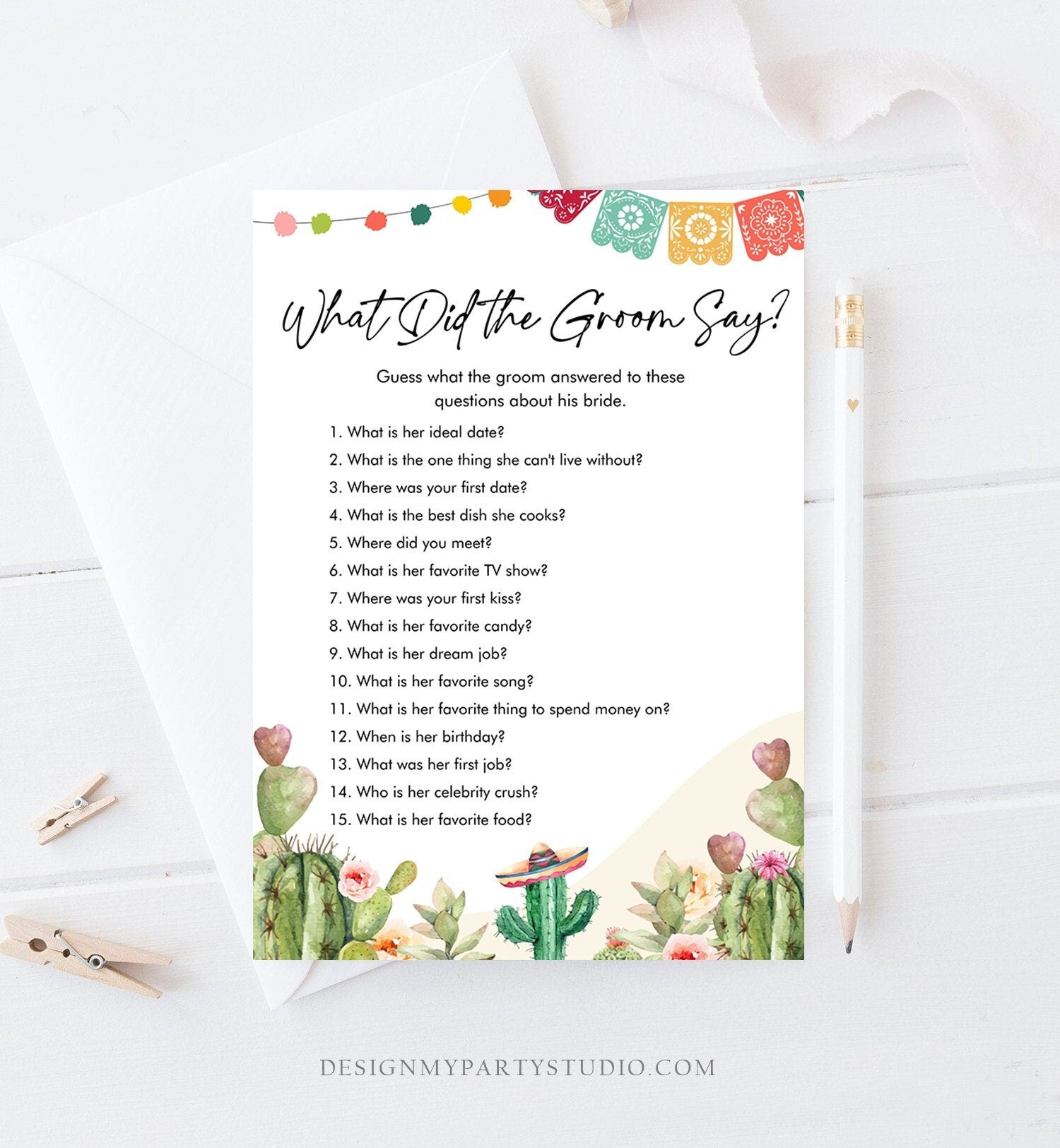 Editable What Did The Groom Say About His Bride Bridal Shower Game Cactus Fiesta Mexican Coed Shower Wedding Activity Digital Template 0404