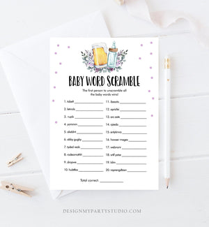 Editable Word Scramble Baby Shower Game Word Search Greenery Baby is Brewing Shower Purple Lilac Beer Bottle Corjl Template Printable 0190