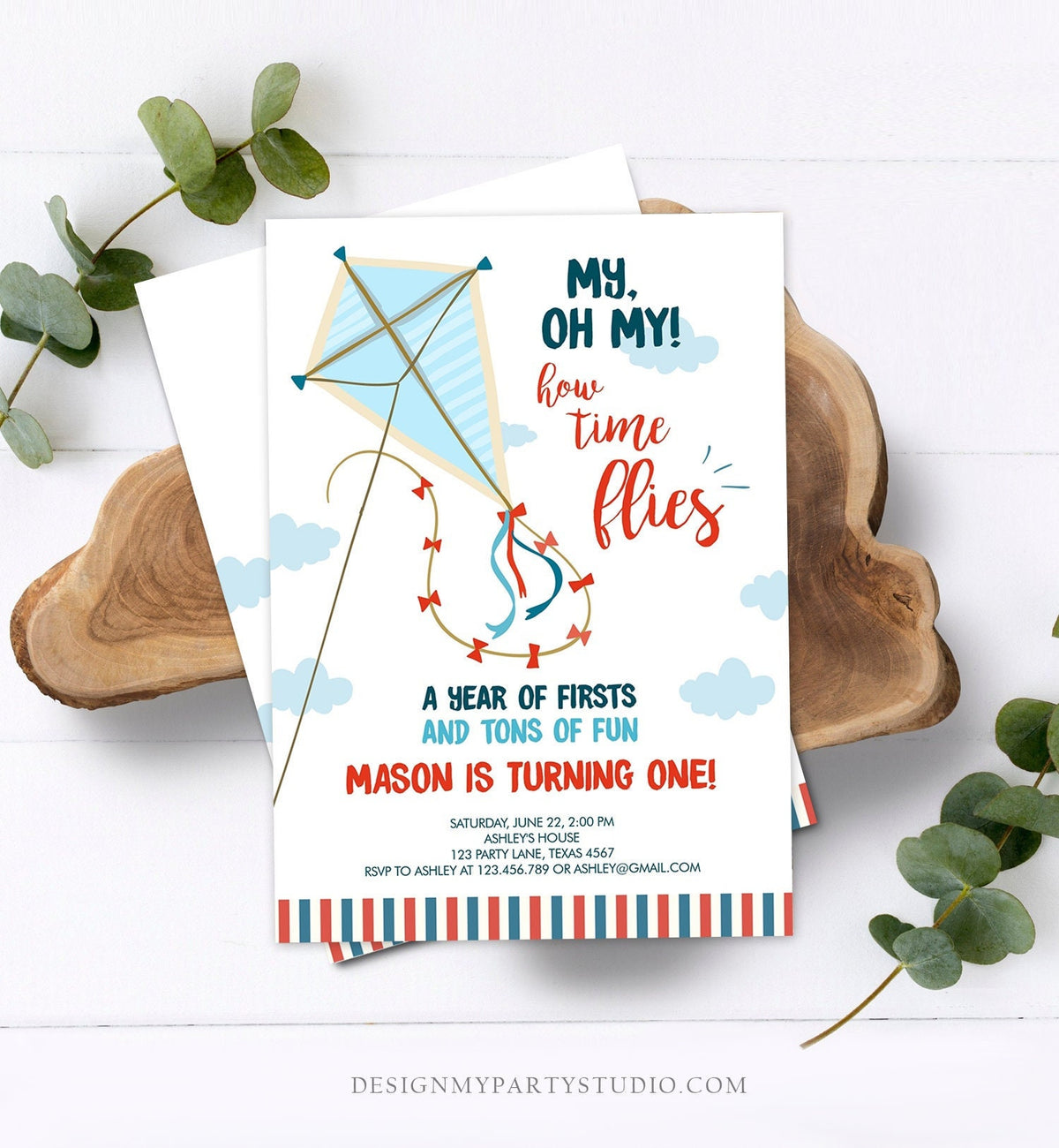 Editable Kite Birthday Invitation Oh My Time Flies First Birthday Boy Park Birthday Invite Summer Download Printable Corjl Template 0316