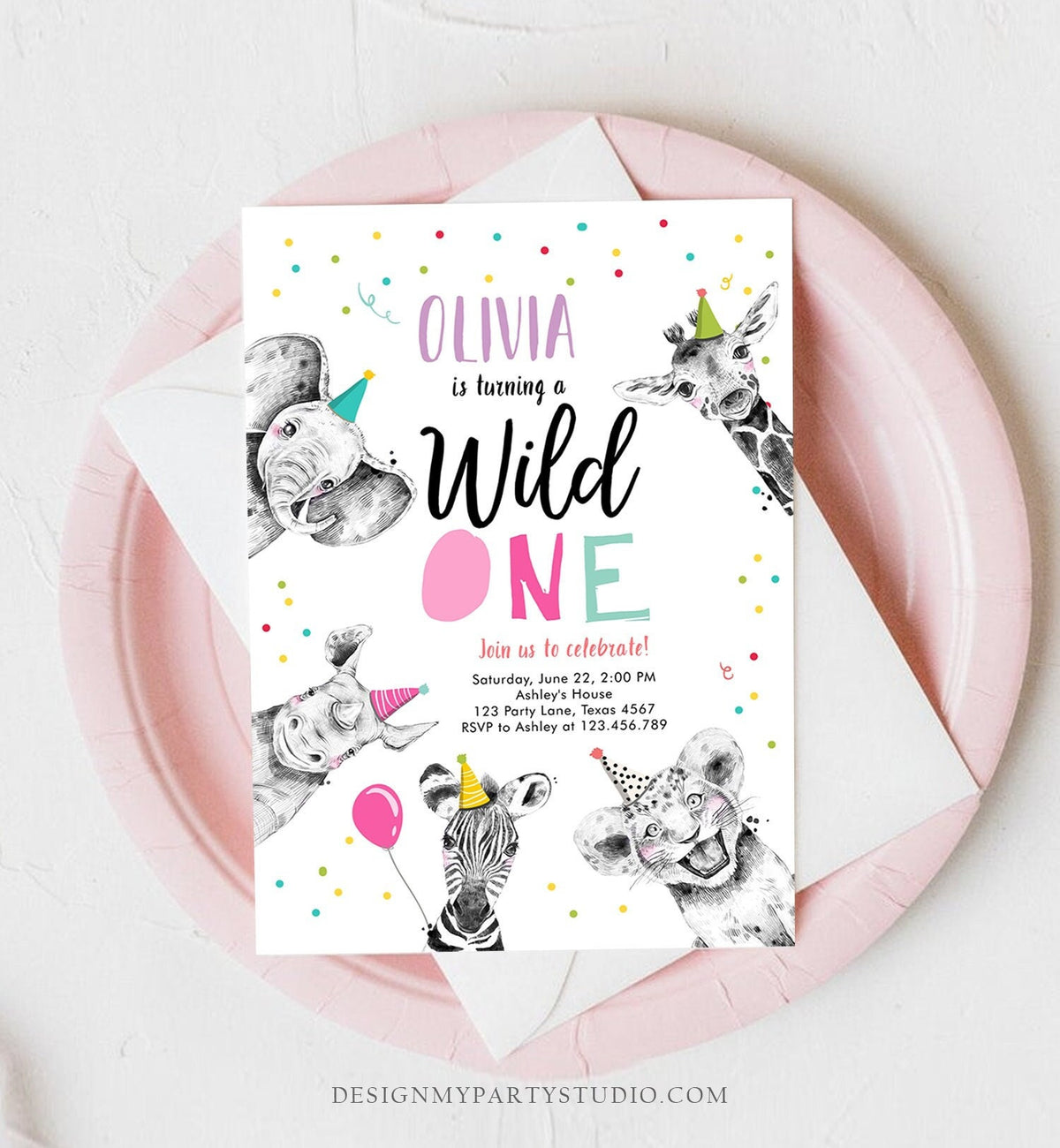 Editable Wild One Birthday Invitation Safari Animals Party Animals Girl Pink Gold First Birthday 1st Confetti Corjl Template Printable 0390