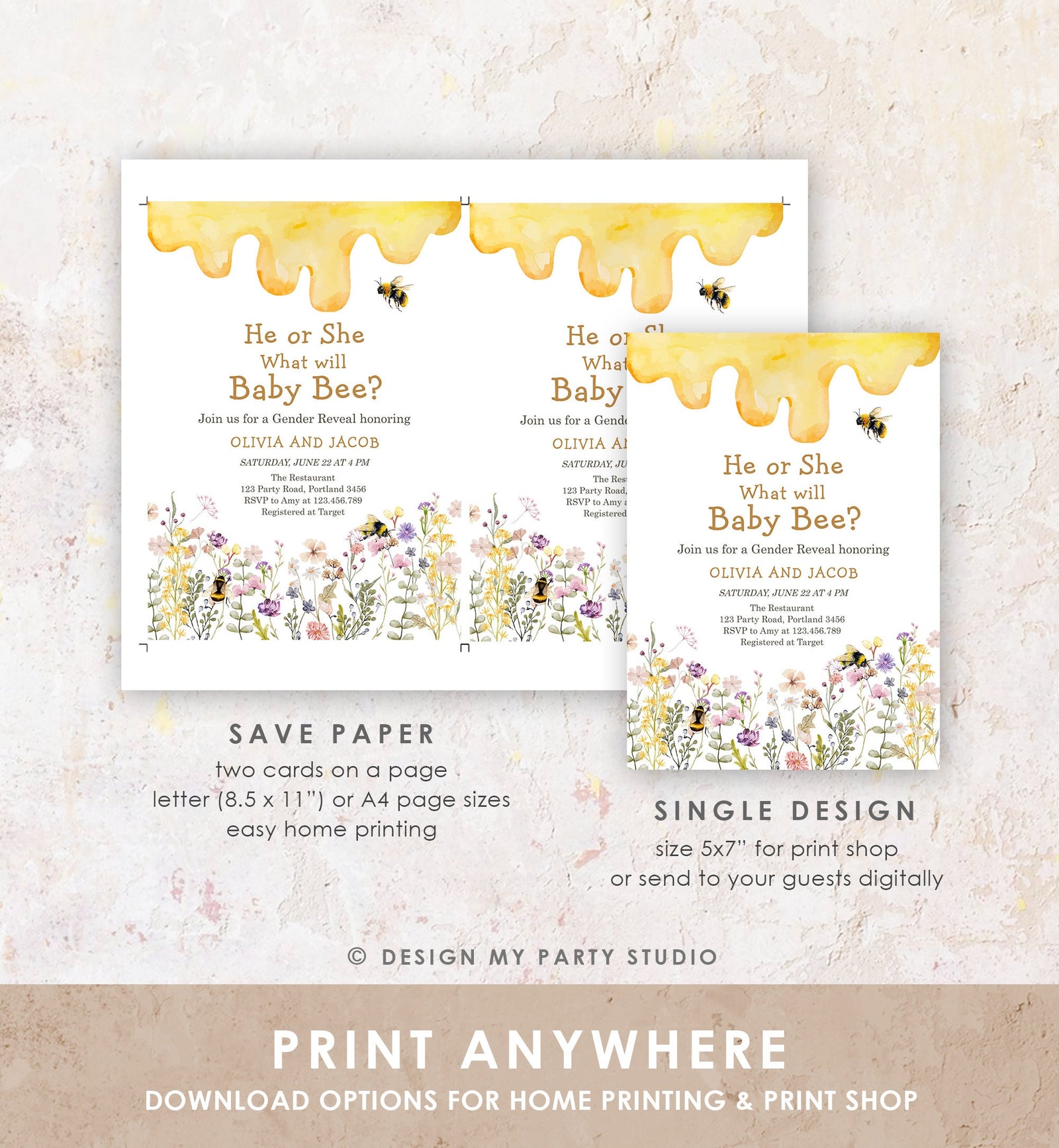 Editable Bee Gender Reveal Invitation What Will Baby Bee Invitation Gender Neutral Honey Digital Download Evite Template Printable 0502