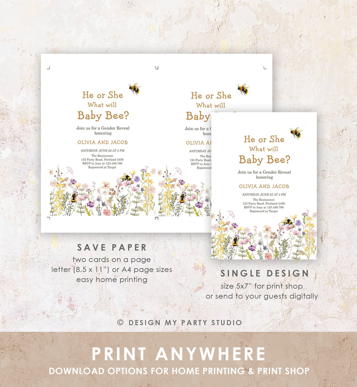 Editable Bee Gender Reveal Invitation What Will Baby Bee Baby Shower Gender Neutral Honey Digital Download Evite Template Printable 0502