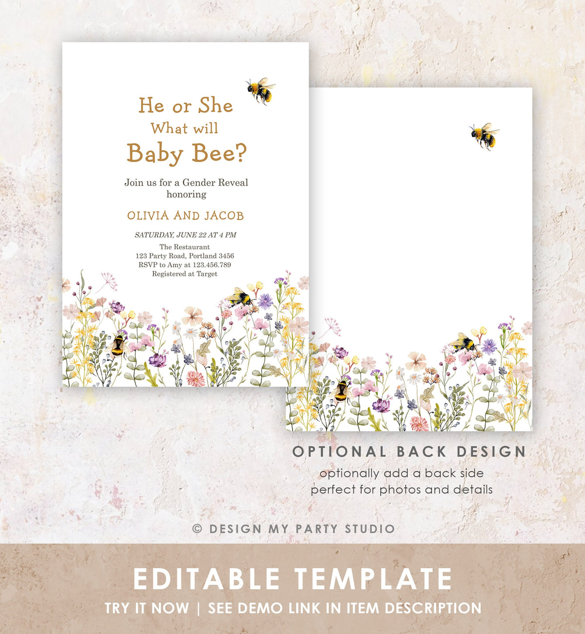 Editable Bee Gender Reveal Invitation What Will Baby Bee Baby Shower Gender Neutral Honey Digital Download Evite Template Printable 0502