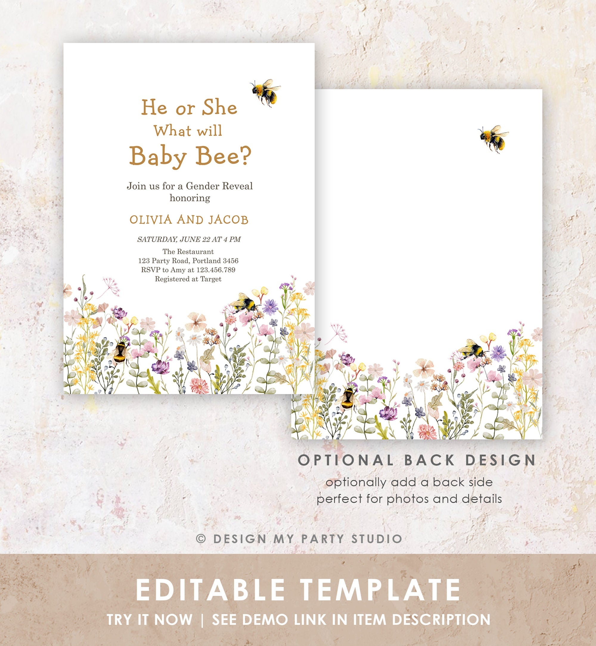 Editable Bee Gender Reveal Invitation What Will Baby Bee Baby Shower Gender Neutral Honey Digital Download Evite Template Printable 0502