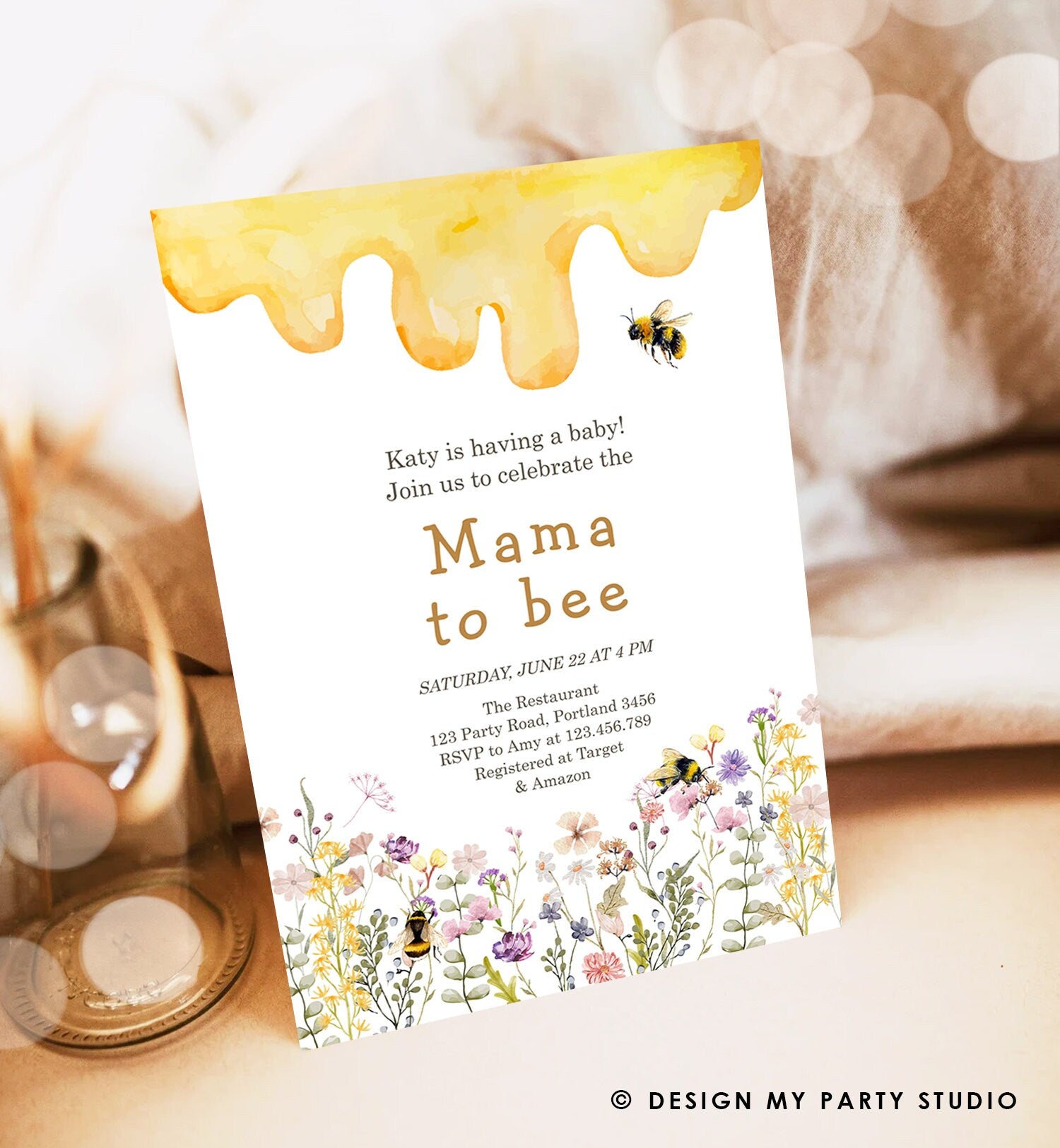 Editable Mama to Bee Invitation Wildflower Baby Shower Bee Honey Boho Mommy to Bee Summer Digital Download Evite Template Printable 0502