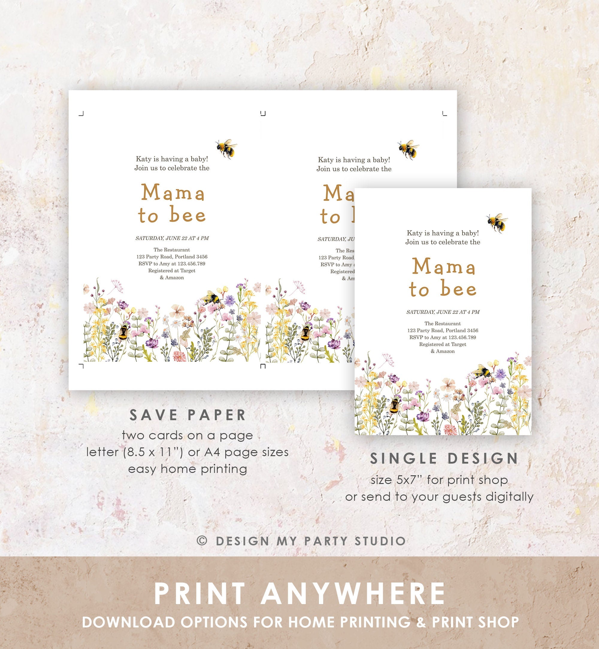 Editable Mama to Bee Invitation Wildflower Baby Shower Bee Honey Boho Mommy to Bee Summer Digital Download Evite Template Printable 0502