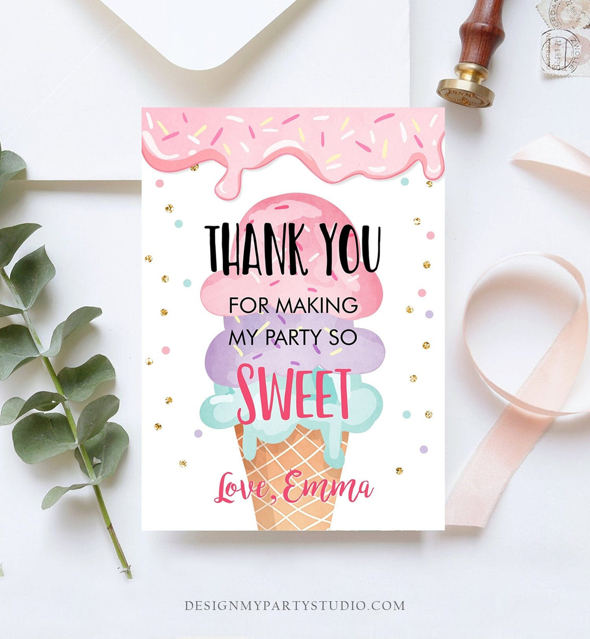 Editable Ice Cream Thank You Card Ice Cream Birthday Thank you Note Girl Birthday Summer Digital Download Template Printable 0243
