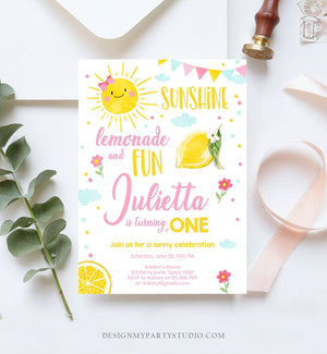 Editable Sunshine Lemonade Birthday Invitation Pink Girl Sunshine Party Lemonade Invitation 1st Birthday Printable Template Corjl 0141