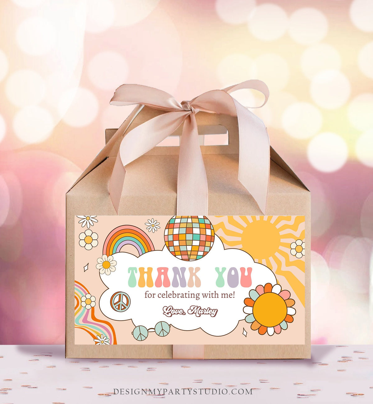 Editable Groovy Birthday Party Gable Box Favor Label Hippie 70&#39;s Gift Box Labels Boho Rainbow Daisy Two Groovy Download Printable Corjl 0459