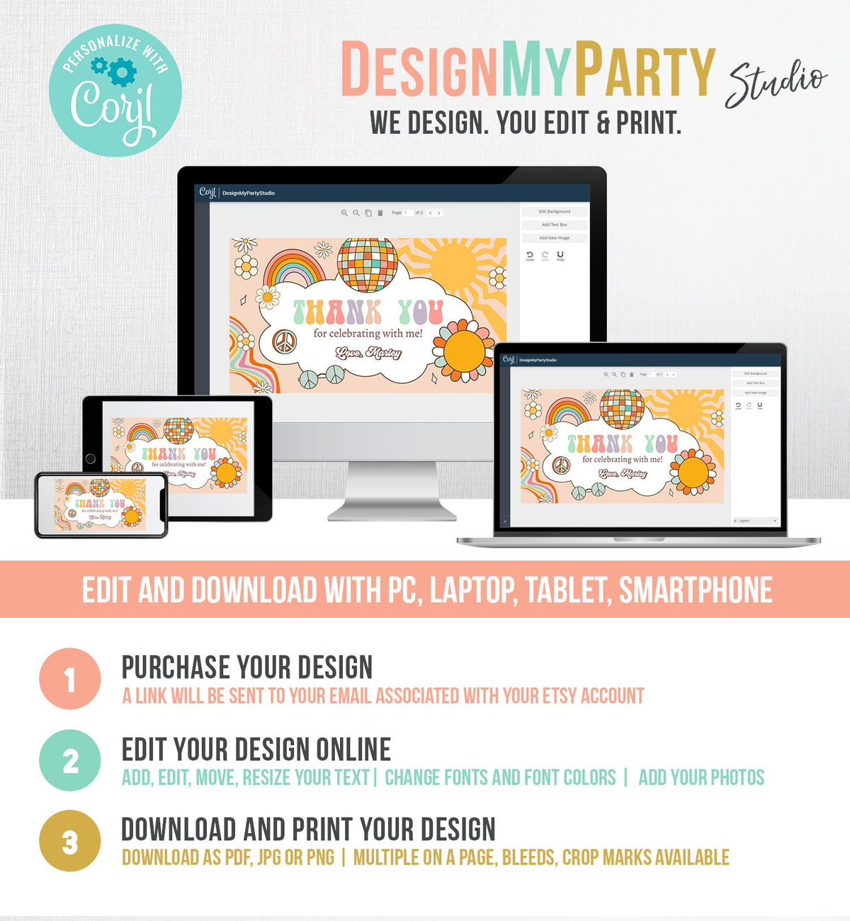 Editable Groovy Birthday Party Gable Box Favor Label Hippie 70&#39;s Gift Box Labels Boho Rainbow Daisy Two Groovy Download Printable Corjl 0459