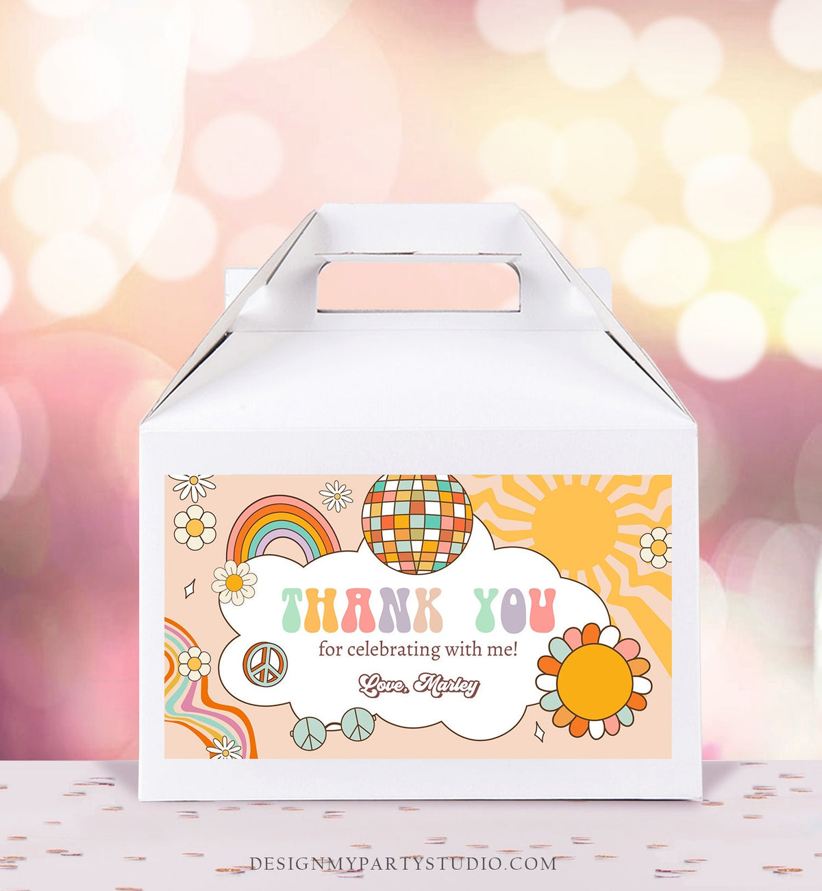 Editable Groovy Birthday Party Gable Box Favor Label Hippie 70&#39;s Gift Box Labels Boho Rainbow Daisy Two Groovy Download Printable Corjl 0459