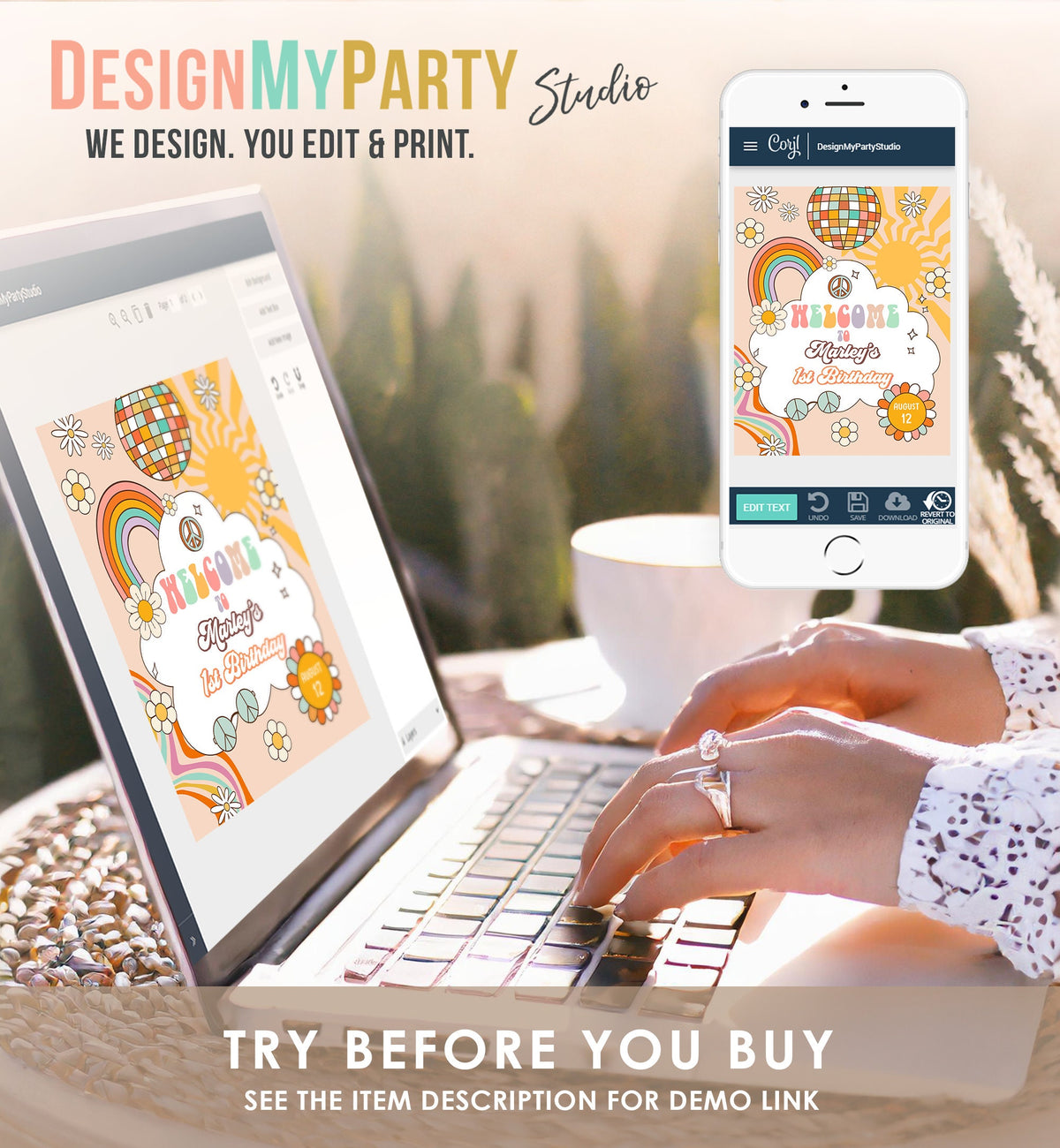 Editable Groovy Birthday Welcome Sign Floral Boho Birthday Welcome Sign Retro 70&#39;s Hippie Festival Download Template Corjl PRINTABLE 0459