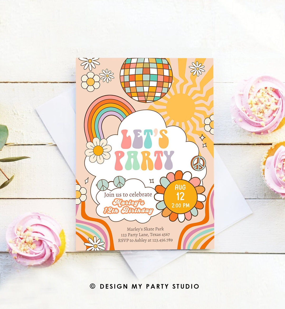 Groovy Invitation Editable Groovy Birthday Party Invitation Let's Party Birthday Hippie ...