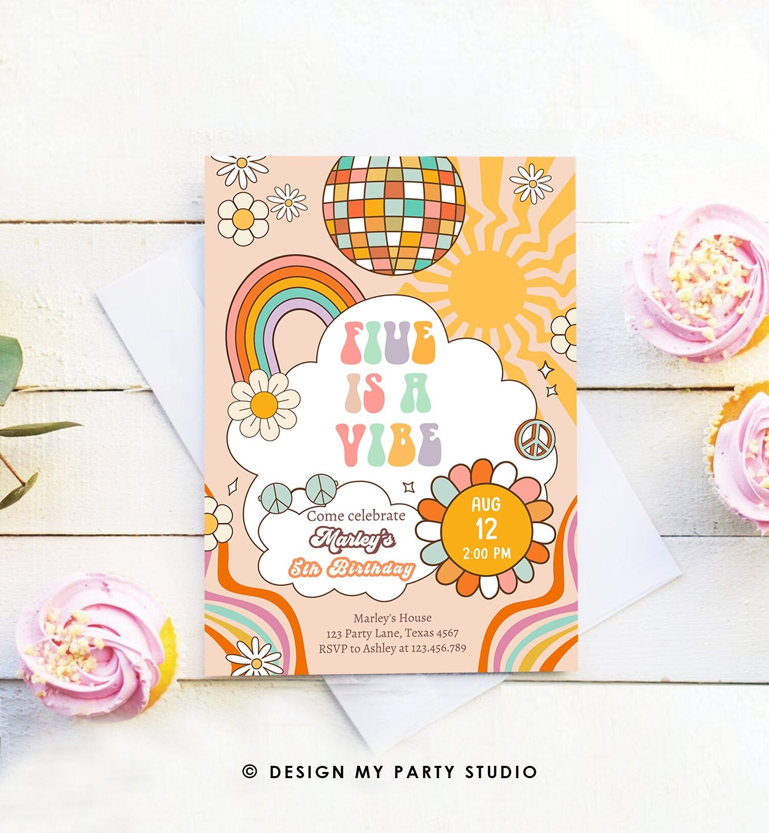 Editable Five Is A Vibe Groovy Birthday Invitation 5th Birthday Retro Invite Rainbow Peace Love Party Download Template Corjl Digital 0459