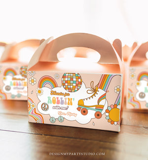 Editable Retro Skate Birthday Party Gable Box Favor Label 70's Gift Box Labels Skating Party Rolling Roller Download Printable Corjl 0459