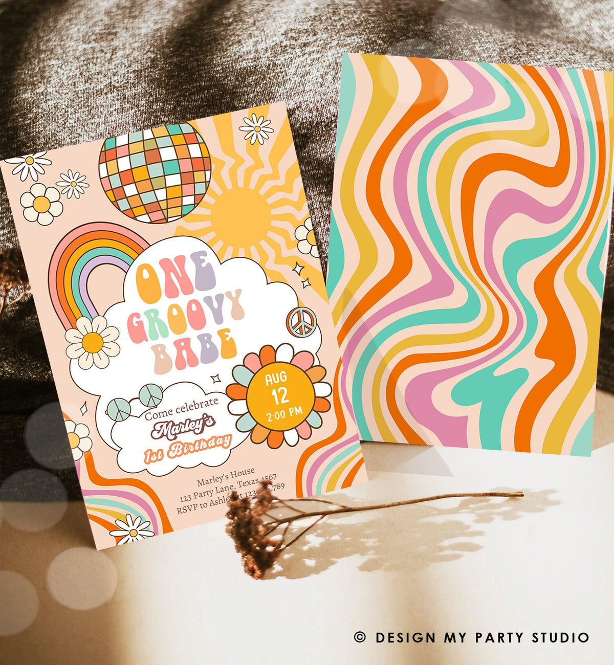Editable Groovy One Retro 1st Birthday Invitation First Birthday One Groovy Babe Invite Peace Love Download Template Corjl Digital 0459