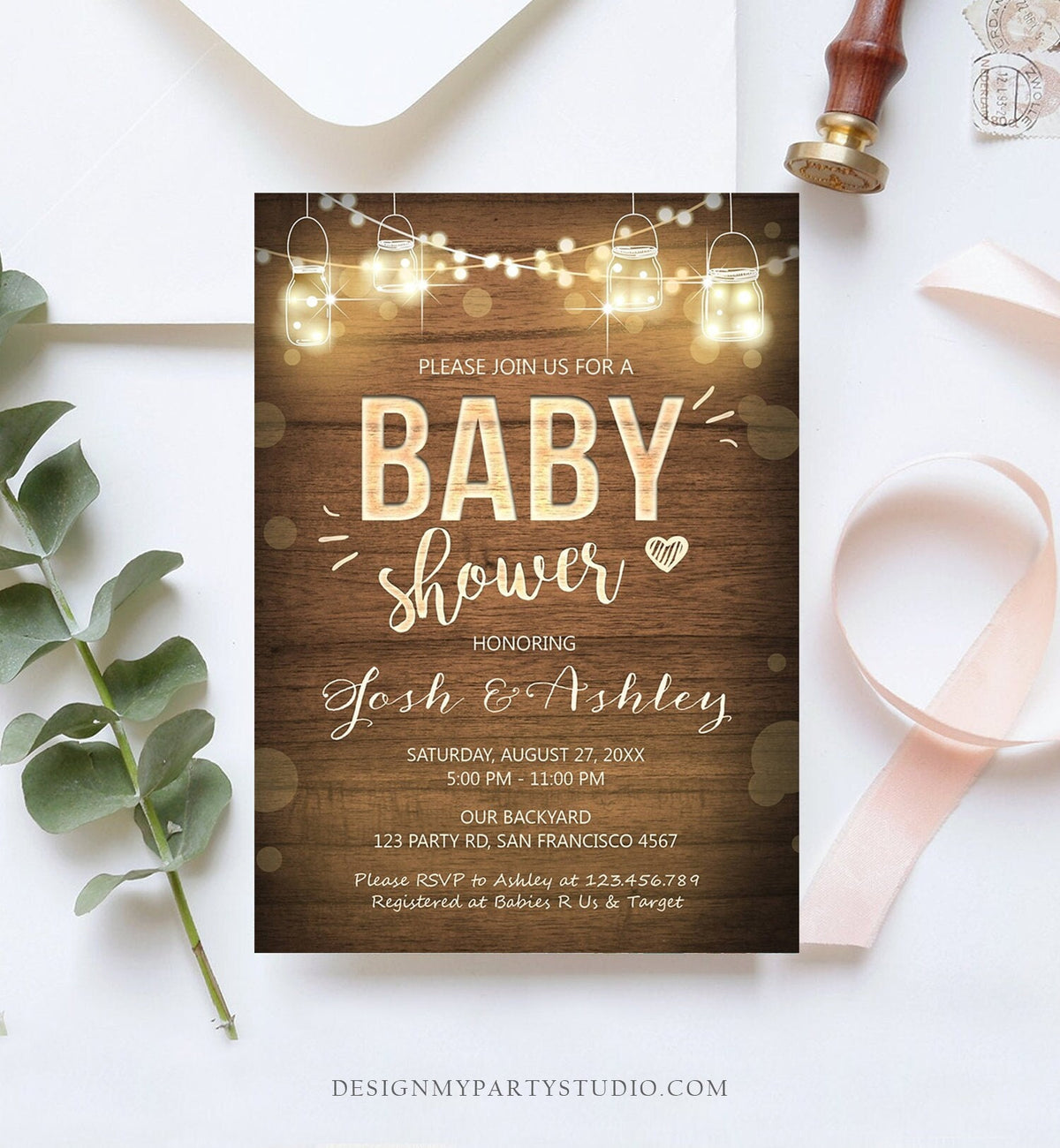 Editable Baby Shower Invitation Rustic Wood Lights Jars Coed Shower Sprinkle BBQ Gender Neutral Download Corjl Template Printable 0015